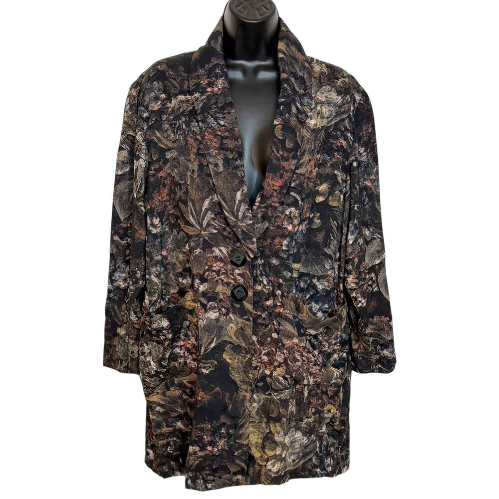 VINTAGE 1990S RAYON LONG BLAZER DARK FLORAL ABSTRACT PATTERN WHIMSIGOTH BOHO M L